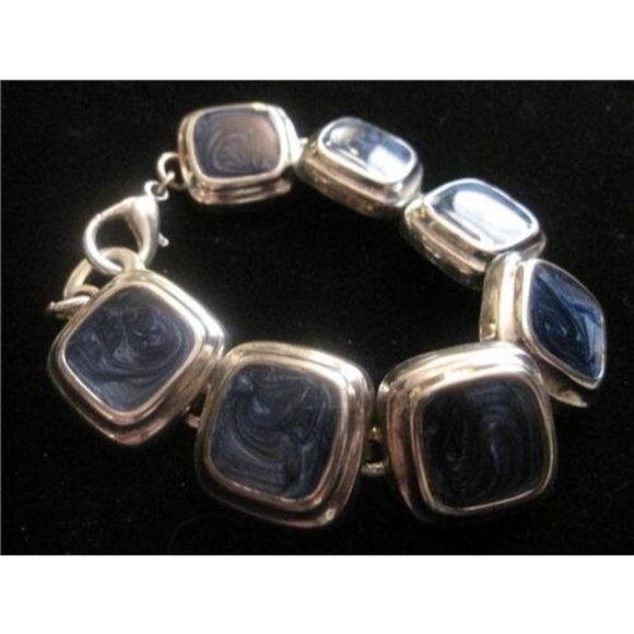 Modernist Sterling Silver & Marbled Deep Blue Enamel Signed Square Link Bracelet - Picture 1 of 10